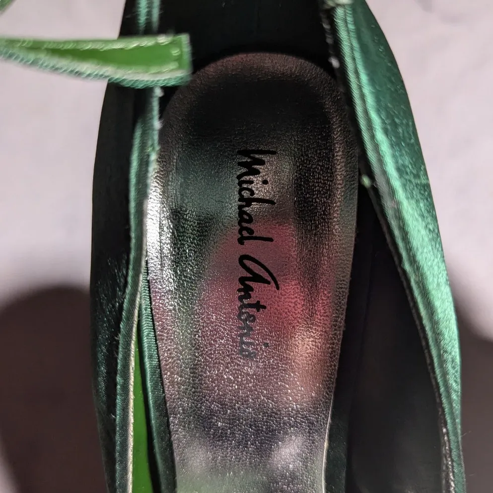 Vtg Y2K Michael Antonio Green Satin Spike Heel Ankle Strap Retro Pinup Pumps 8.5 - Image 3