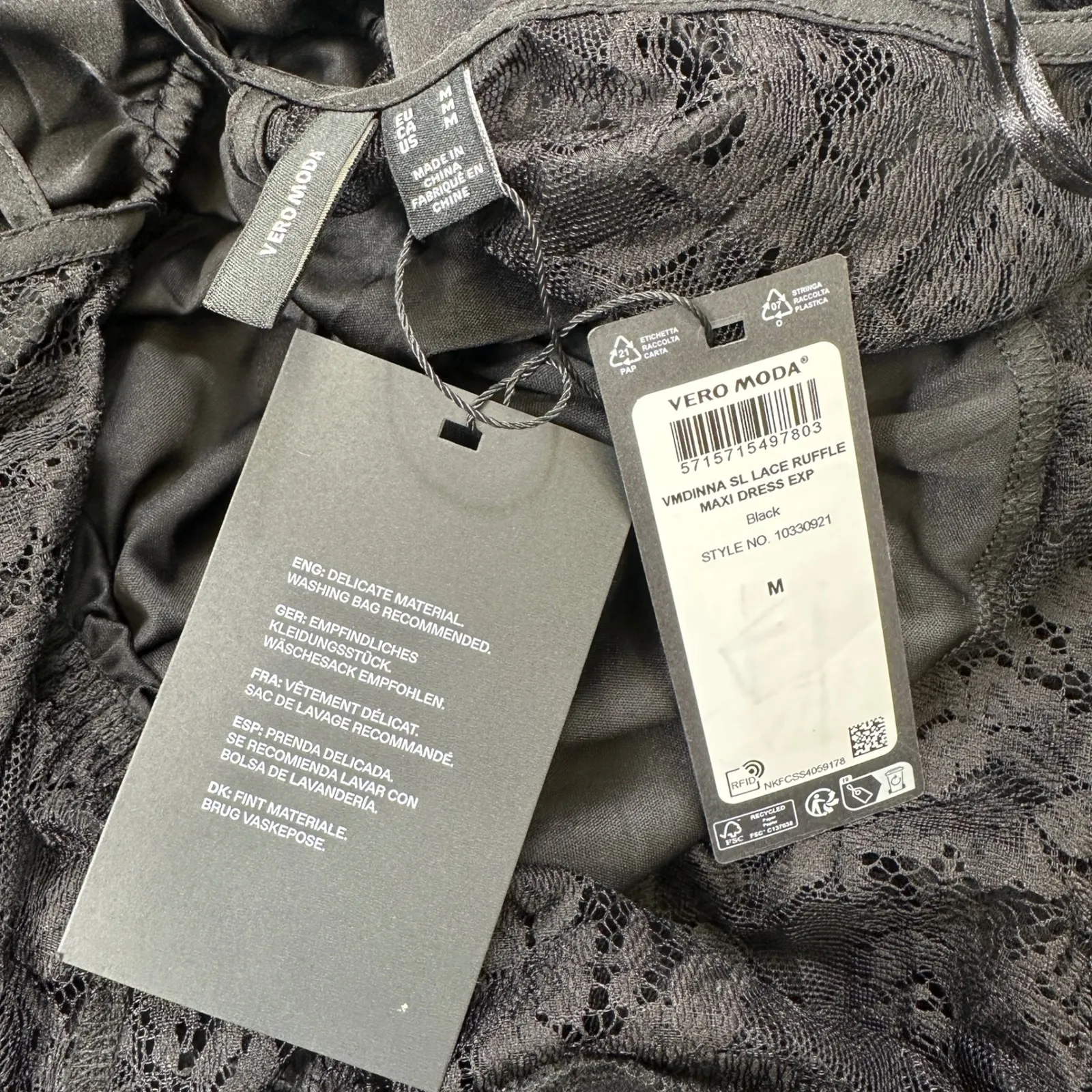 VERO MODA Maxi Dress Womens M Black Lace Ruffle Tiered Overlays Straps NWT - Image 4