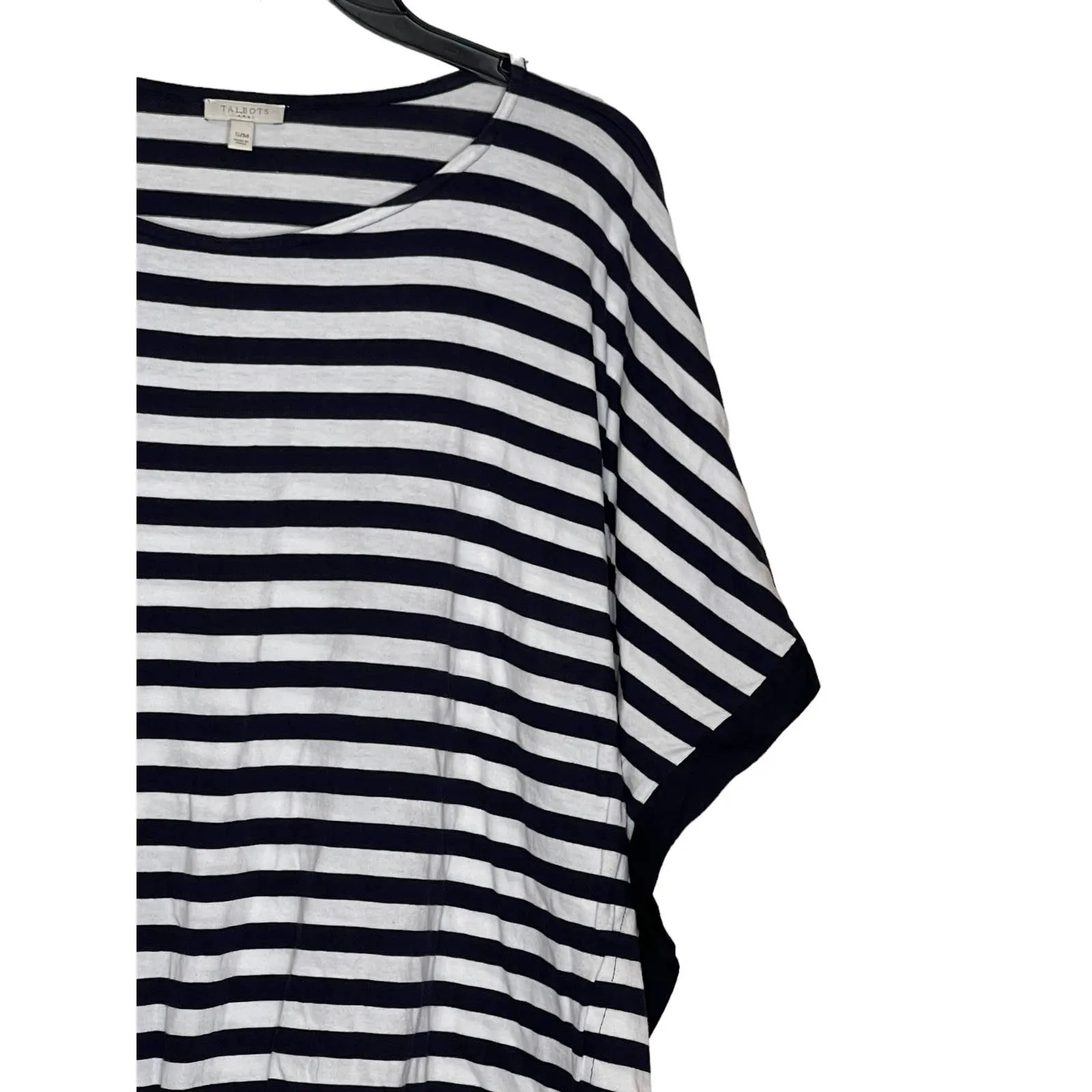 Talbots Women's Top Poncho Coverup Striped‎ Cotton Tasseled White Black Small - Image 3