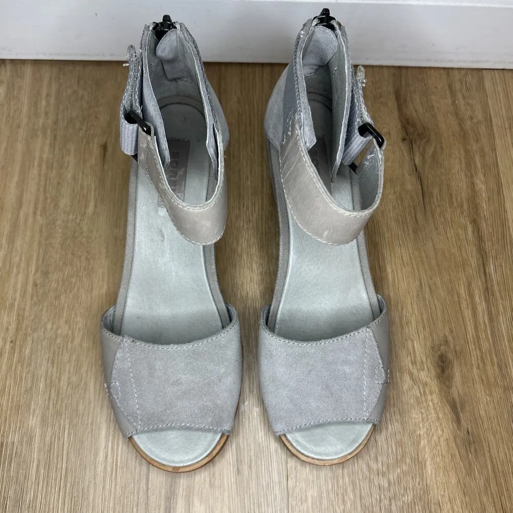 SOREL WOMENS 8.5 JOANIE II SANDAL ANKLE STRAP LEATHER WEDGE GRAY LEATHER ZIP - Image 3