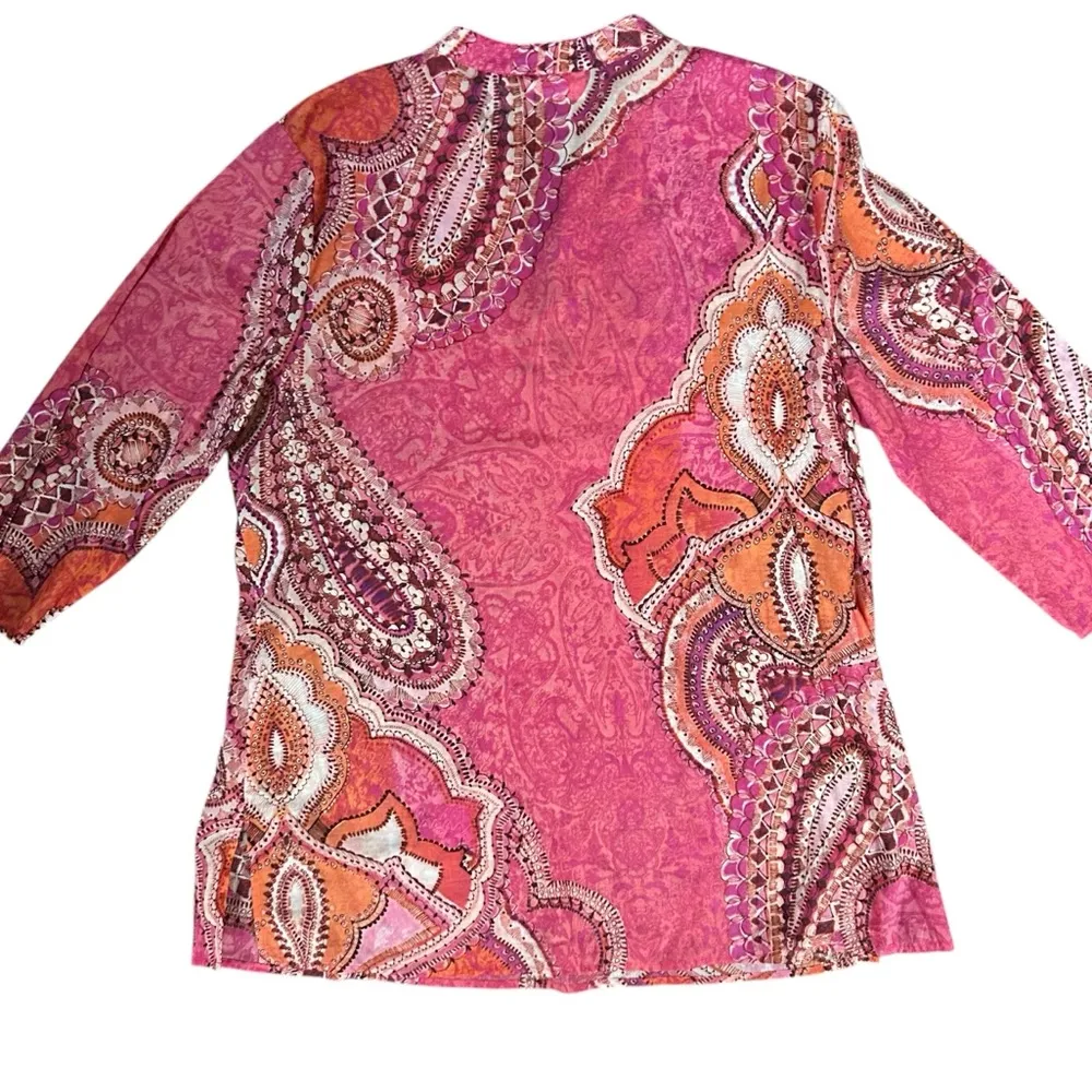 Chico’s‎ Women’s Cotton Ikat Paisley Print Sequin Tunic Top  Pink and Orange - Image 2