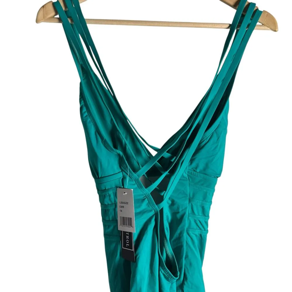 La Blanca Cross Back Strappy V-Neck Teal Blue One Piece Swimsuit Size 14 - Image 5