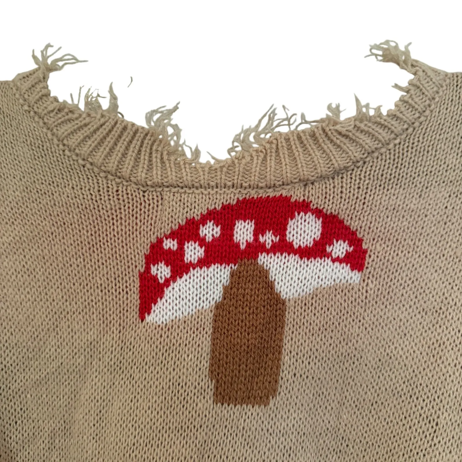 Rue 21 Mushroom Distressed V Neck Sweater Women's Large Tan Boho Hippie‎ Retro Red - Image 3