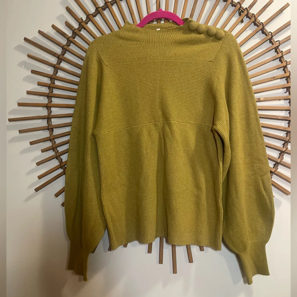 Rebecca Taylor Rib Mock Neck  Knit Sweater in Olive Balloon Slv Wool/ Cashmere M - Image 4