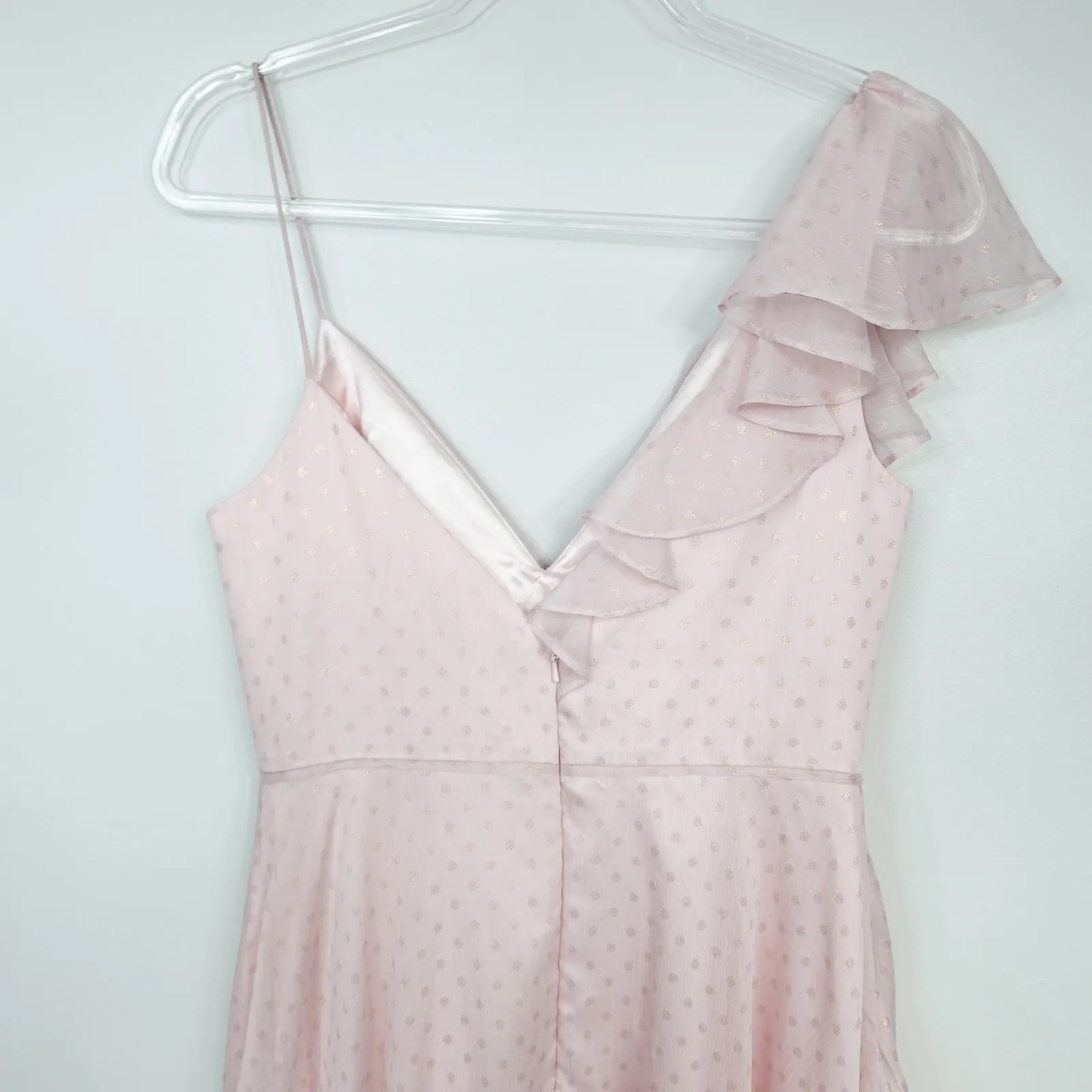 Mac Duggal Baby Pink Ruffle Slit Gold Polka Dot Dress 49330 - Image 6