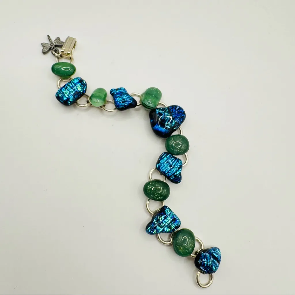 Dichroic glass cabochon link bracelets with safety fastener , Blue Green 7.5” - Image 4