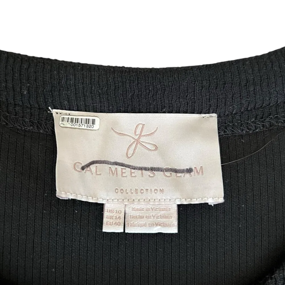 Gal Meets Glam Jody Black Ribbed Knit 3/4 Balloon Sleeve Belted Midi Dress Sz 10 - Image 4