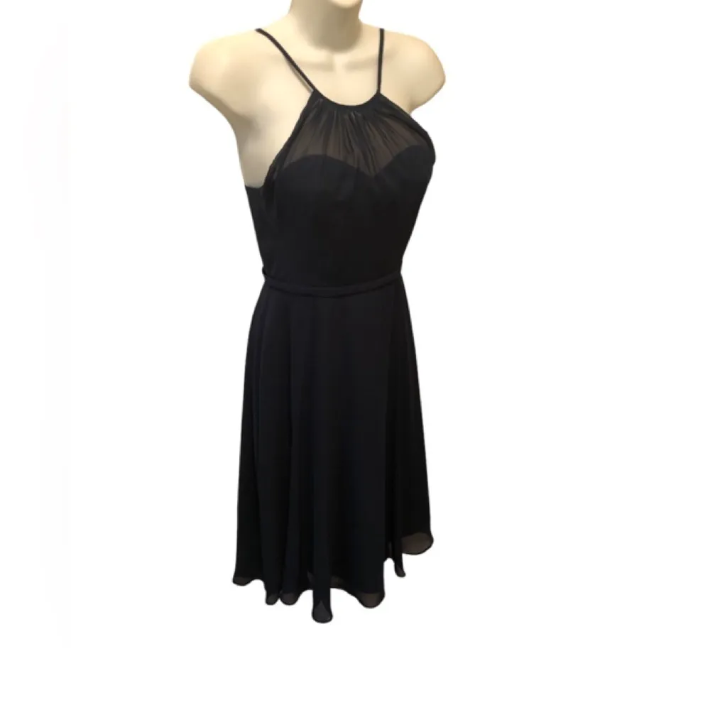 Azazie Alayna Short Bridesmaid A Line Dress Navy Sz J12  High Neck Sheer Chiffon - Image 5