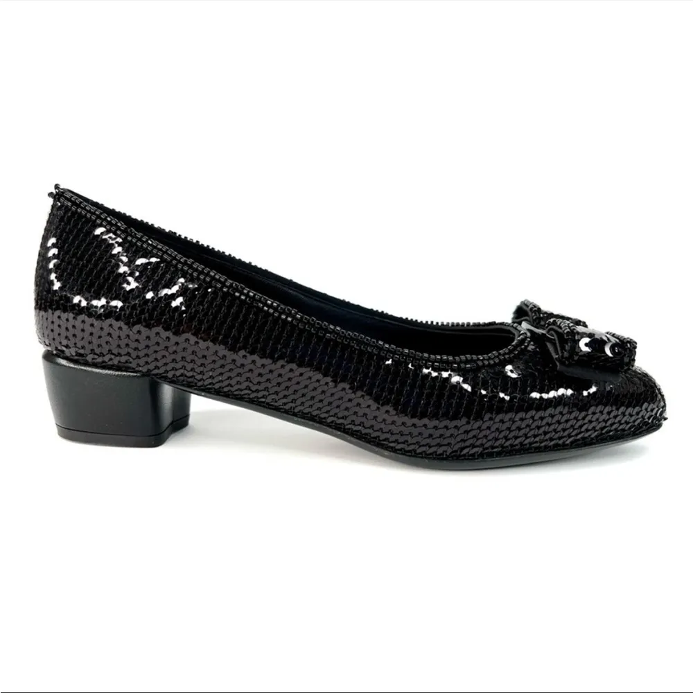 SALVATORE FERRAGAMO Vara Bow Black Sequin Block Heel Ballet Pumps Size 5 - Image 4