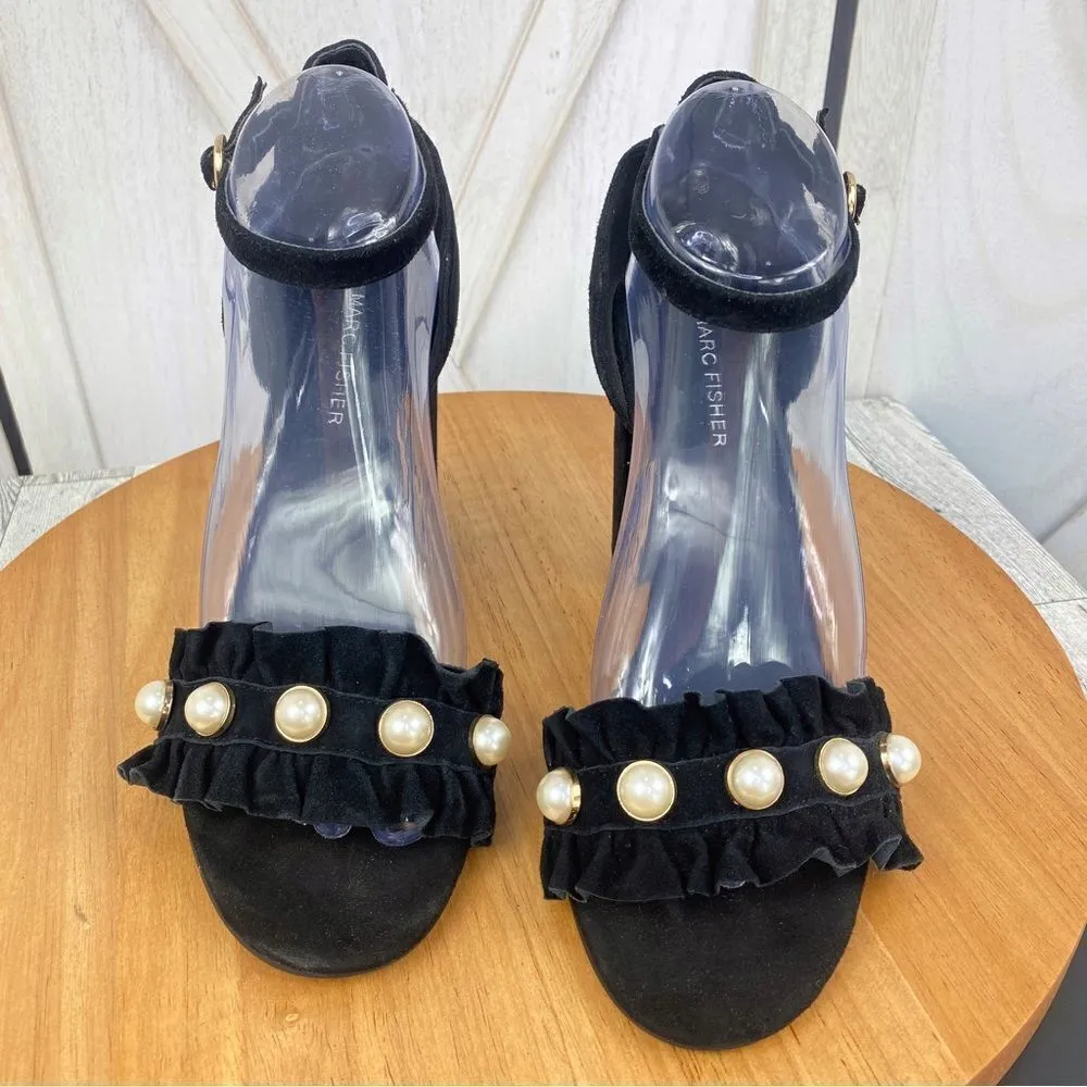 Marc Fisher King Pearl Ruffle‎ Block Heel Suede Sandal Black 8.5 - Image 4