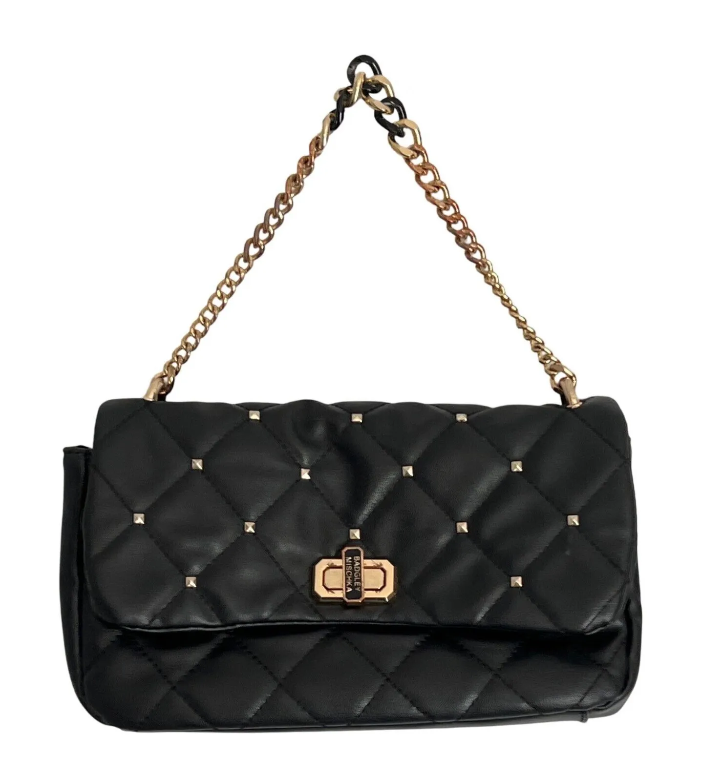 Vintage BADGLEY MISCHKA Purse Shoulder Bag Black Quilted Gold Chain Pockets - Image 1