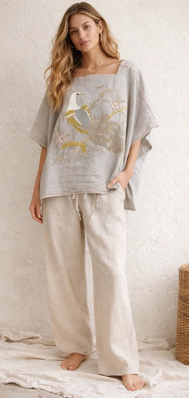 Athena Marie Womens Linen Peacock Embroidered Boxy Lagenlook Boho Top Blouse OS - Image 1