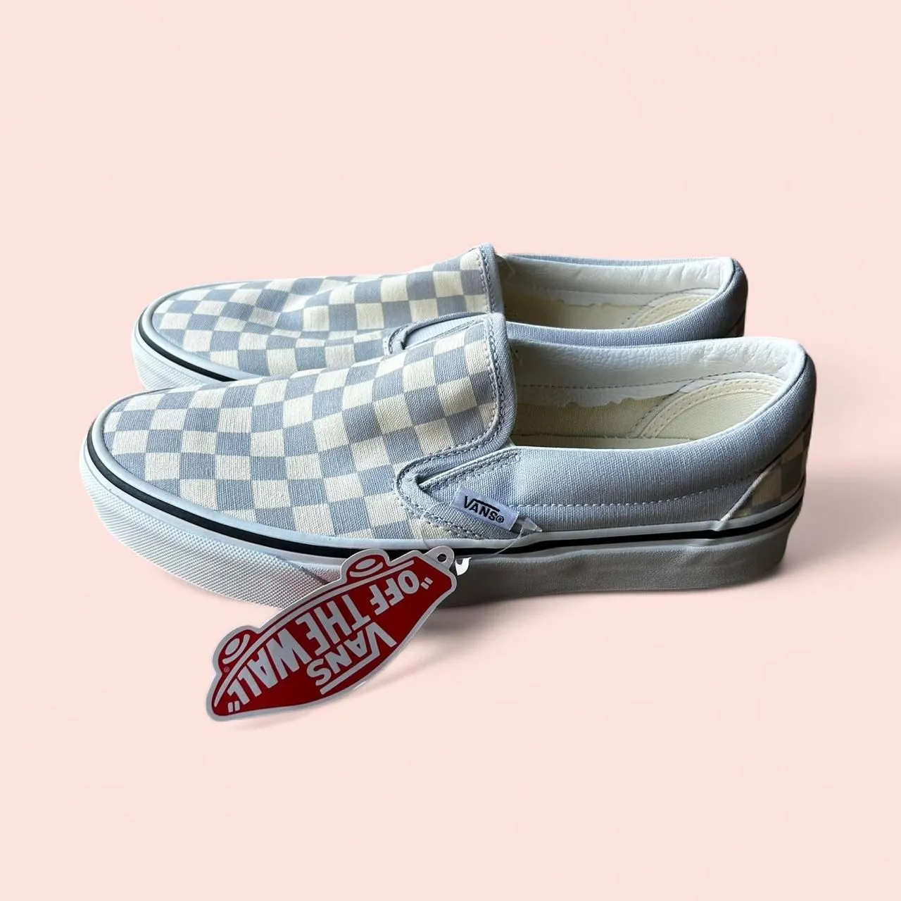 Blue and white checkered Vans slip ons - Image 2