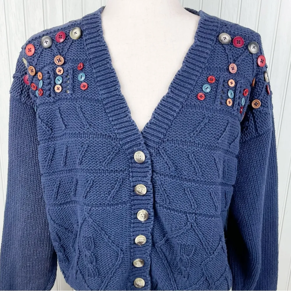 Vintage 90s Y2K Women's Navy Blue Knit Cardigan Sweater with Multicolor Buttons Size M - Image 3