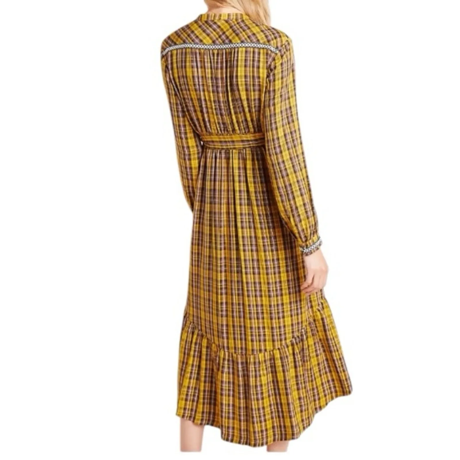 Anthropologie Dalton Yellow Plaid Wrap Maxi Dress XS Boho Prairie Western - Image 2