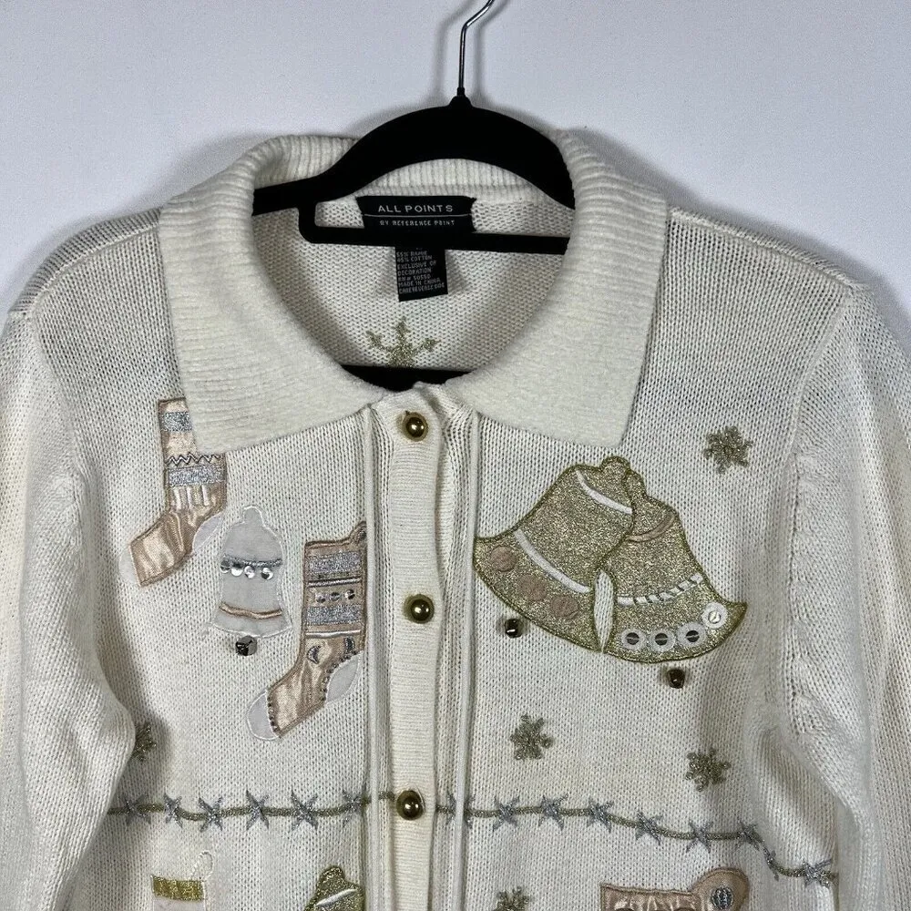 All Points Christmas Cardigan Bells Stockings Knit Cream Women’s Size Medium - Image 3