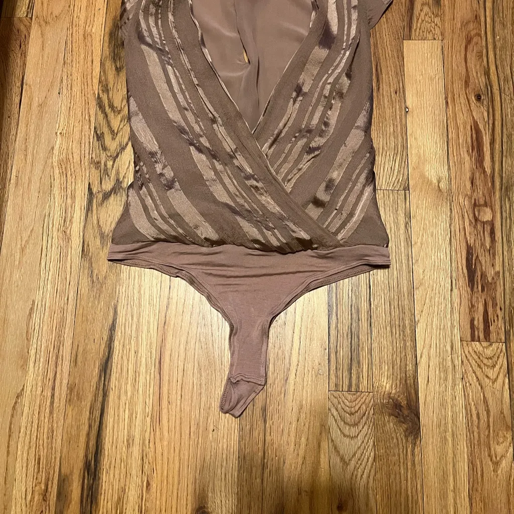 Bronze Shimmer Faux Wrap Bodysuit Plunge V-Neck Top Size S - Image 2