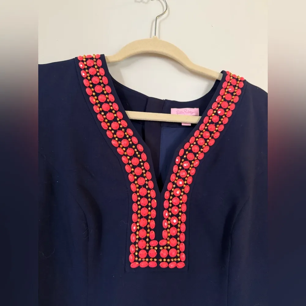 Lilly Pulitzer Bennett Shift Dress Navy Blue Coral Beading Detail Size 8 - Image 3