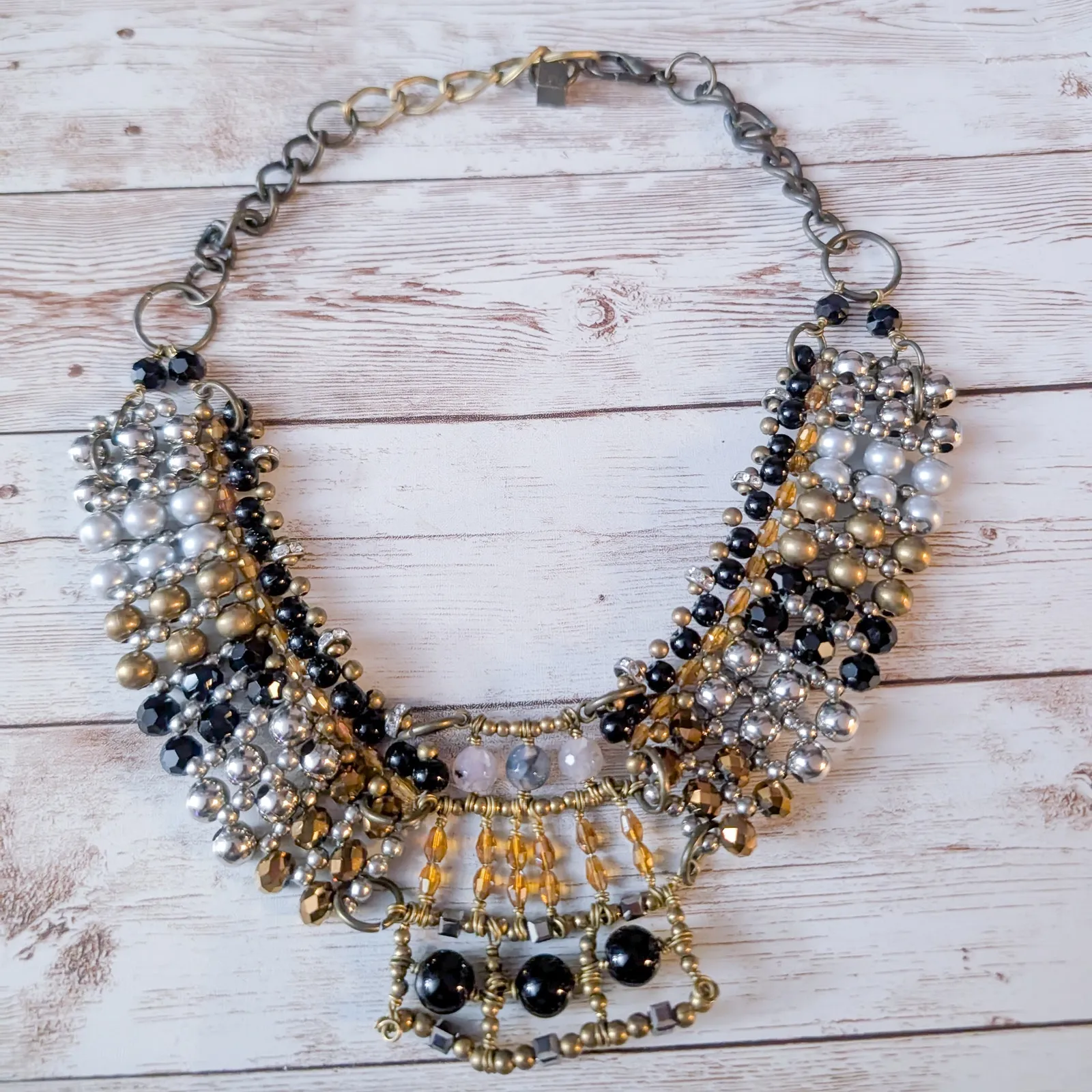 Anthropologie Pam Hiram Necklace Black & Gold Tone Glass Beaded Choker Bib - Image 2