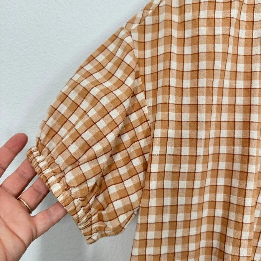 Madewell Brown Gingham Plaid Tunic Top Short Sleeve V Neck Women Size S - Image 4