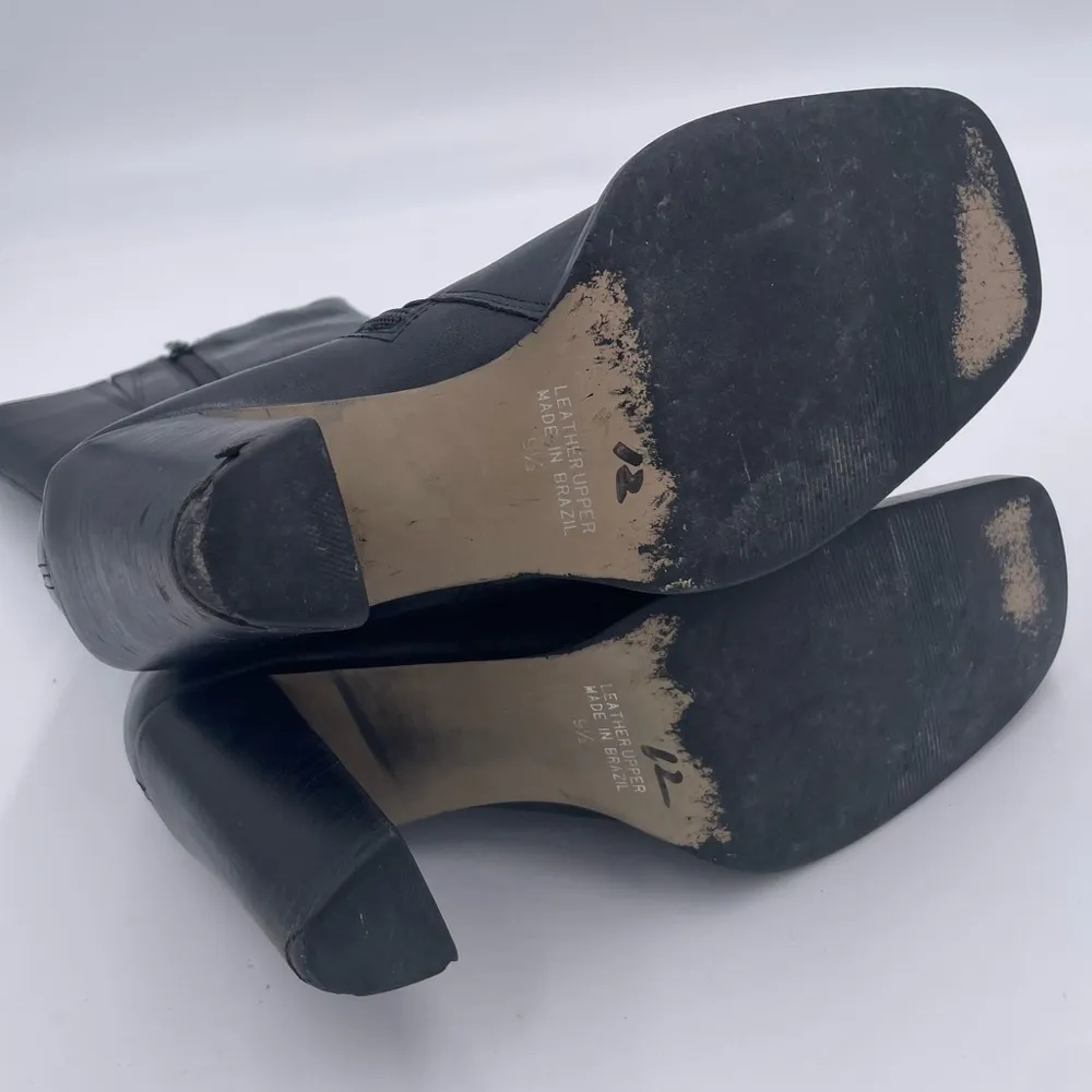 Vintage Y2K Black Leather Square Toe Buckle Strap Heeled Boots Size 9.5 Biker - Image 7