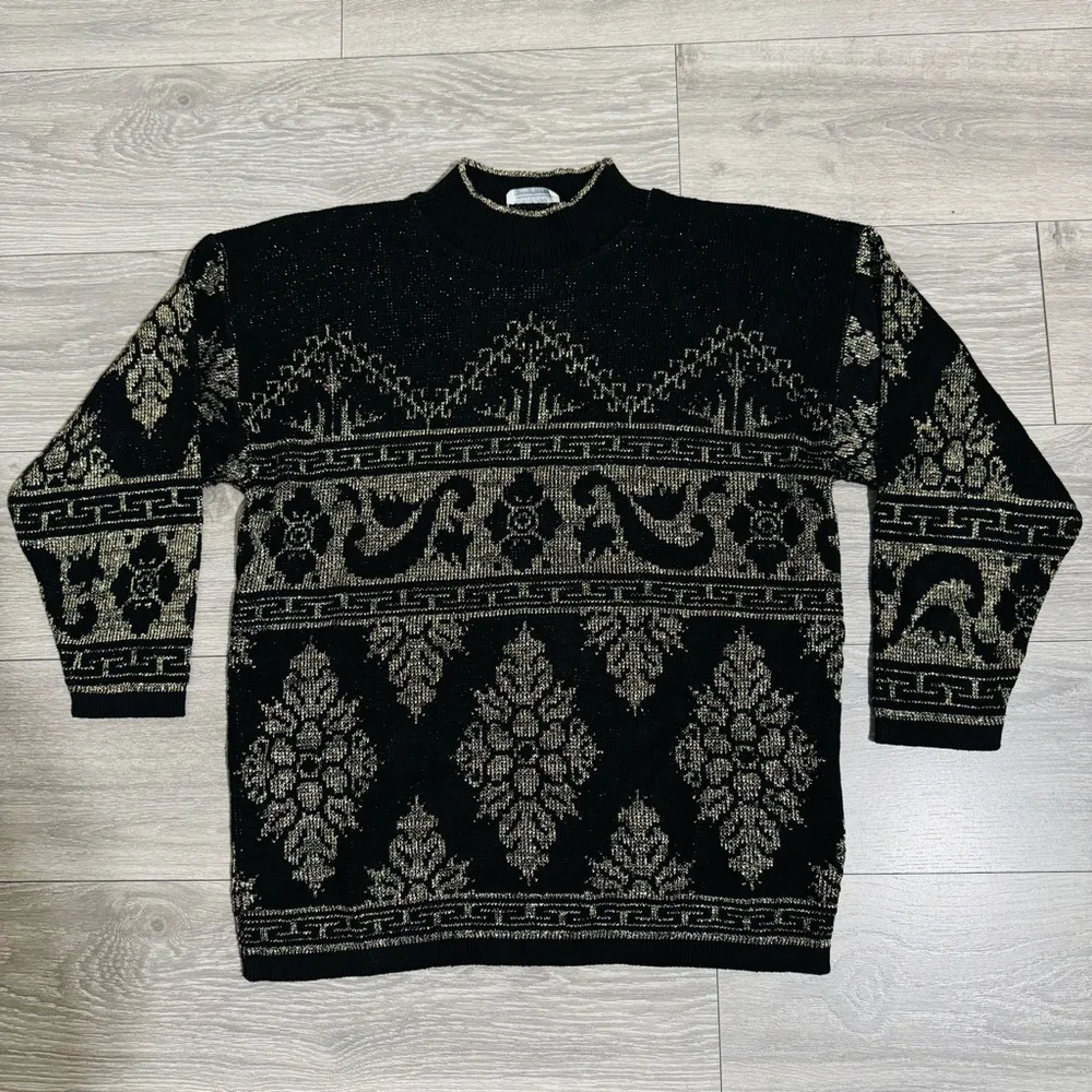 Arielle Women Vintage Black & Gold Glitter Crewneck Sweater Ornate Pattern Sz M Size M - Image 11