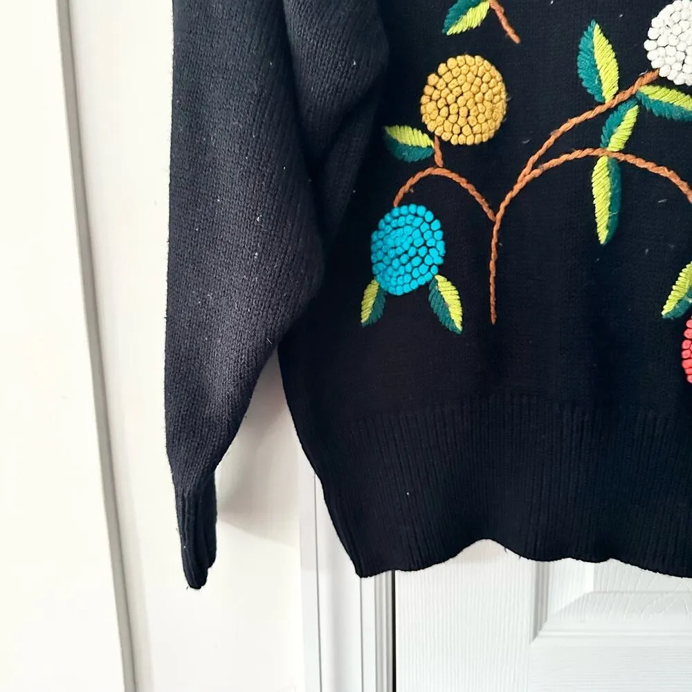 Mi Ki by Majestic Vintage Black Mock Neck Crewel Fruit Leaves Acrylic Sweater M Size M - Image 3