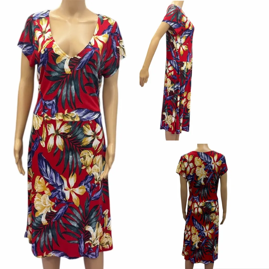 Lascana Venus Red Floral Tropical Short Sleeve V Neck Dress Womens Large - Image 3