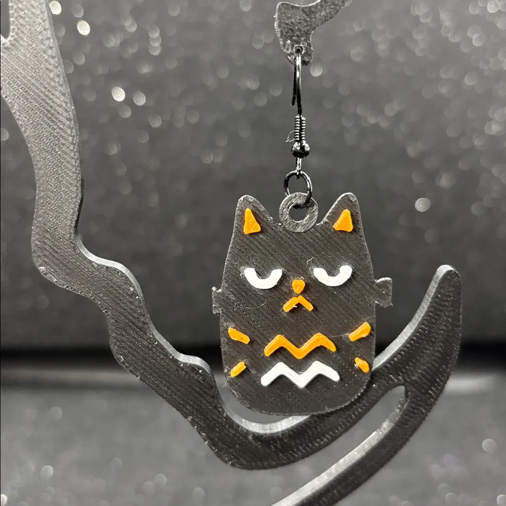 🖤‎ Black Cat Halloween Earrings – Spooky Cute Grumpy Cat Dangles Orange - Image 2