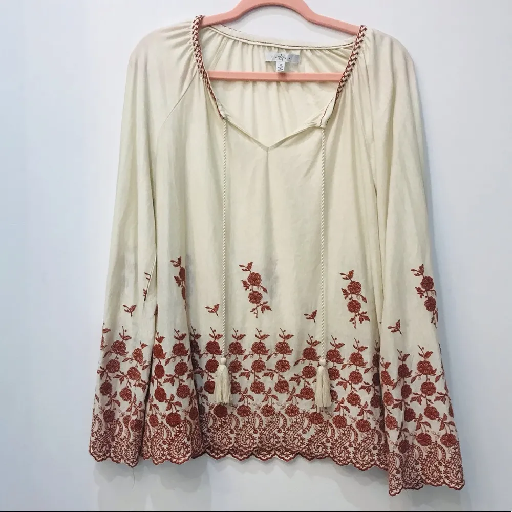 Fever Boho Cream Rust Embroidered Tassel Blouse sz Medium - Image 34