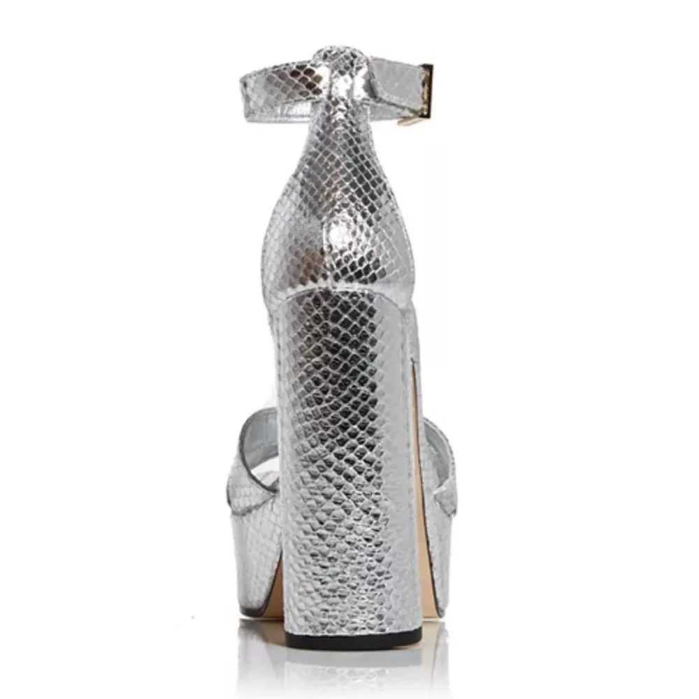 Good American Snake Embossed Platform High Block Heel Sandals in Silver 6.5 NEW - Image 4