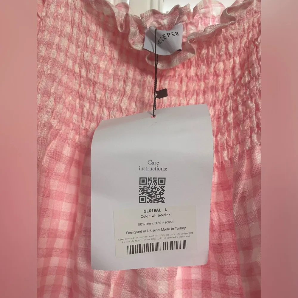 NWT Sleeper Atlanta Gingham pink dress size large midi off shoulder smocked top - Image 5