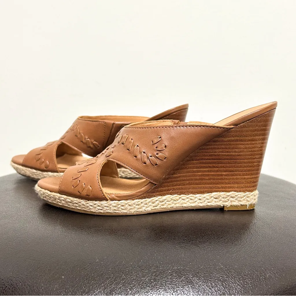 Jack Rogers Sophia Oak Brown Leather Wedge Whipstitch Heel Open Toe Sandals 7 M - Image 3