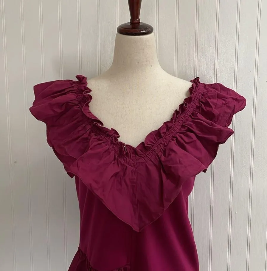 ENGLISH FACTORY Mixed Media Ruffle Detail Knit Mini Dress in Plum Size S - Image 7