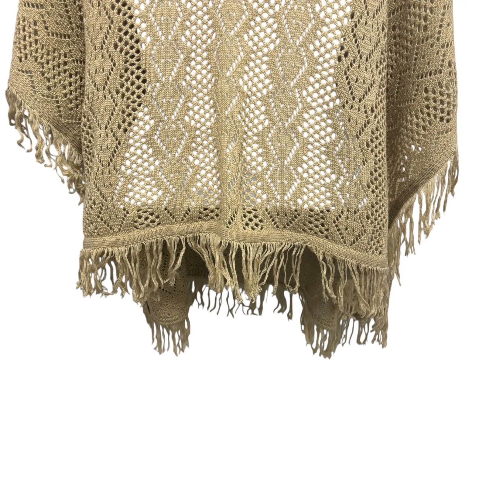 Nella Fantasia Tan Knit Poncho Sweater Fringe V Neck Women L XL* Size undefined - Image 5