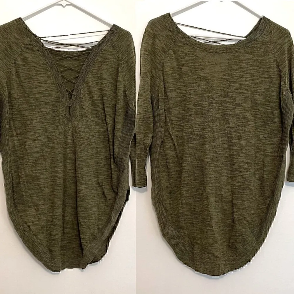 EXPRESS Lace Up Back Circle Hem Sweater Olive Green 3/4 Sleeve Lattice Cotton S - Image 3