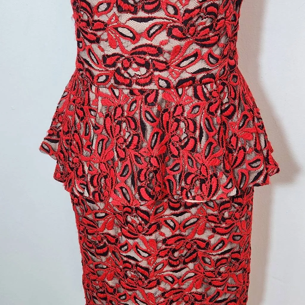 Madam X Red Lace One Shoulder Dress with Peplum NWT Size 8 Lace Cocktail Dress - Image 4