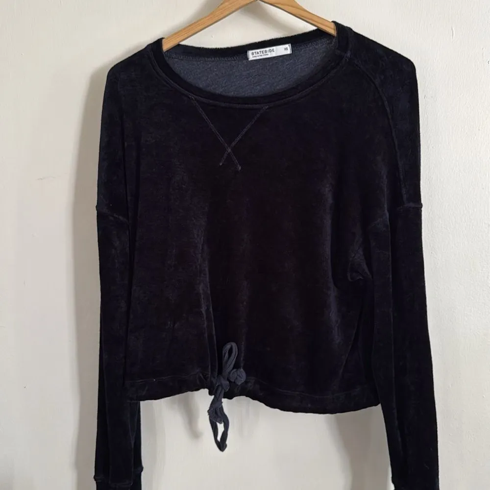 Stateside Anthropologie Black Velour Pullover XS Drawstring Hem‎ Crew Neck - Image 5