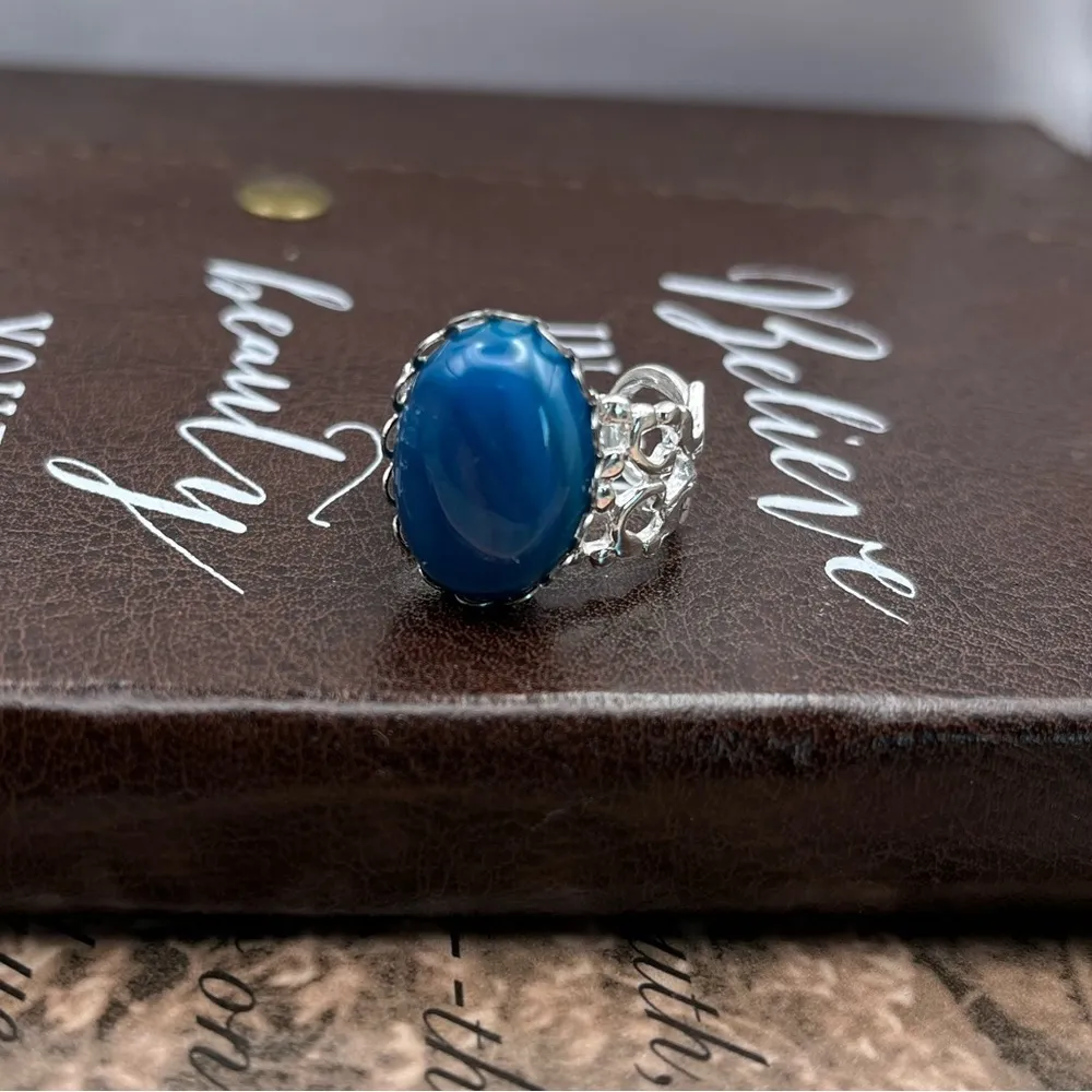 Handcrafted Deep Blue Swirled Agate Oval Cabochon Stainless Steel Open Back Ring - Image 4