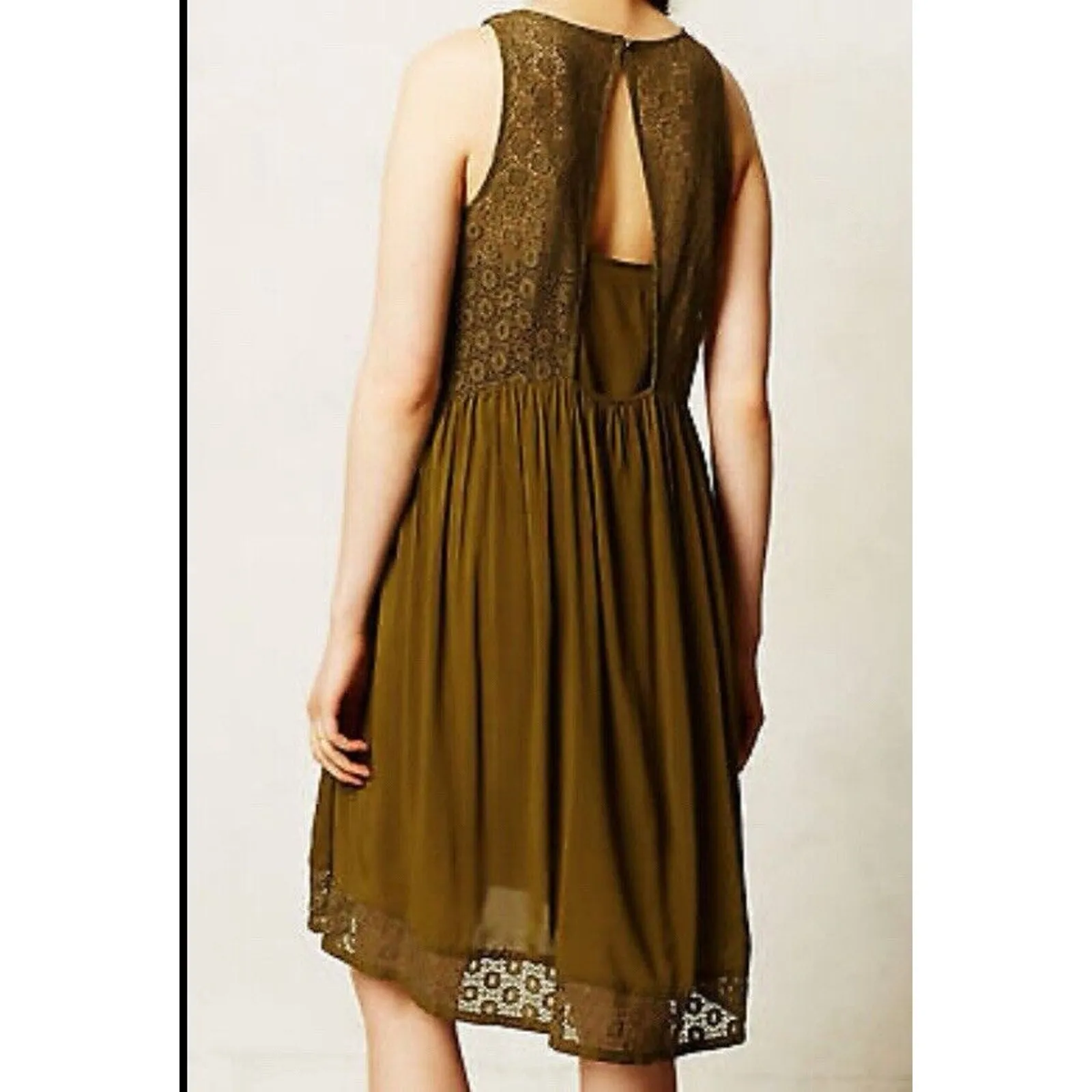 Anthropologie Lilka Dress Olive Green Rayon & Lace Sleeveless Open Back Sz S - Image 2