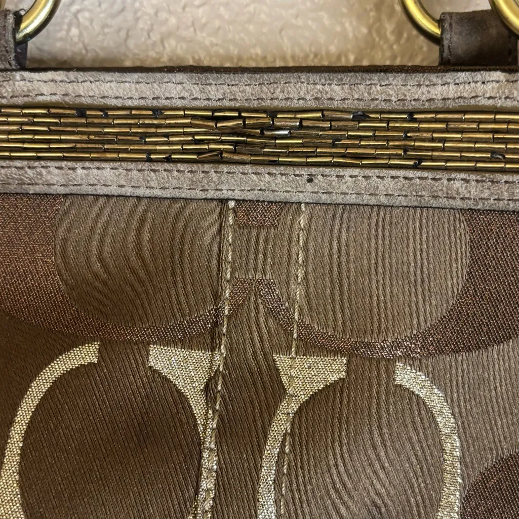 Coach Signature  Sparkle Suede/Canvas Beaded Metallic Brown Tote Bag - Image 6