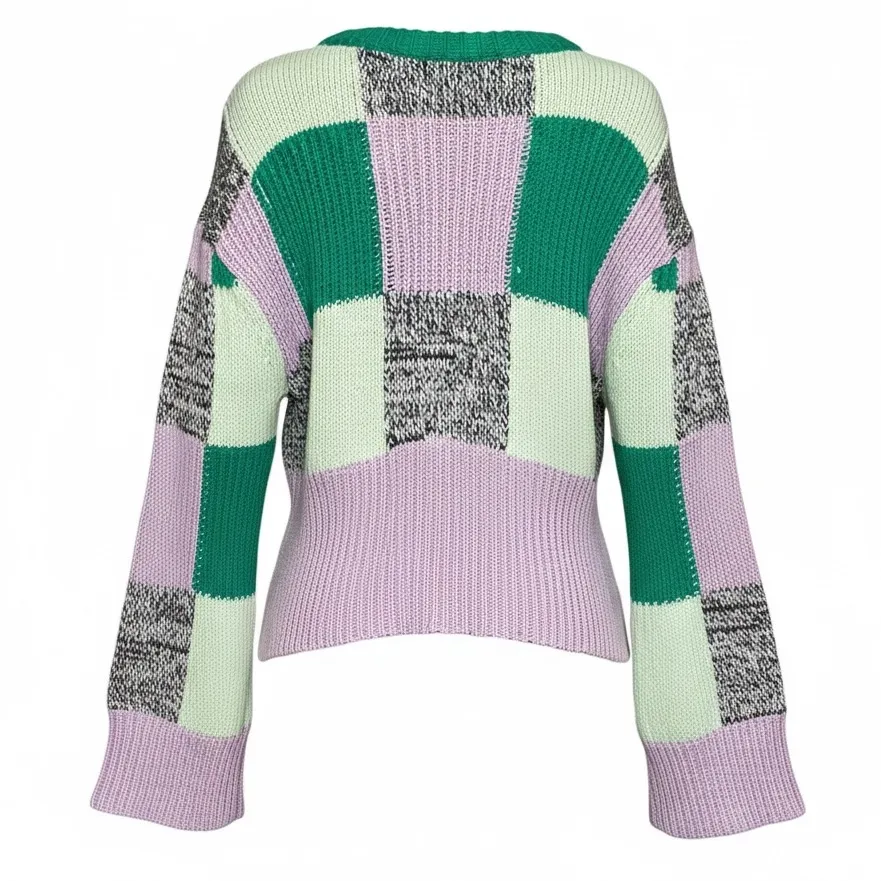 FOR LOVE & LEMONS Finley Oversized Sleeves Cropped Knit Sweater,Green Check, XXS - Image 12