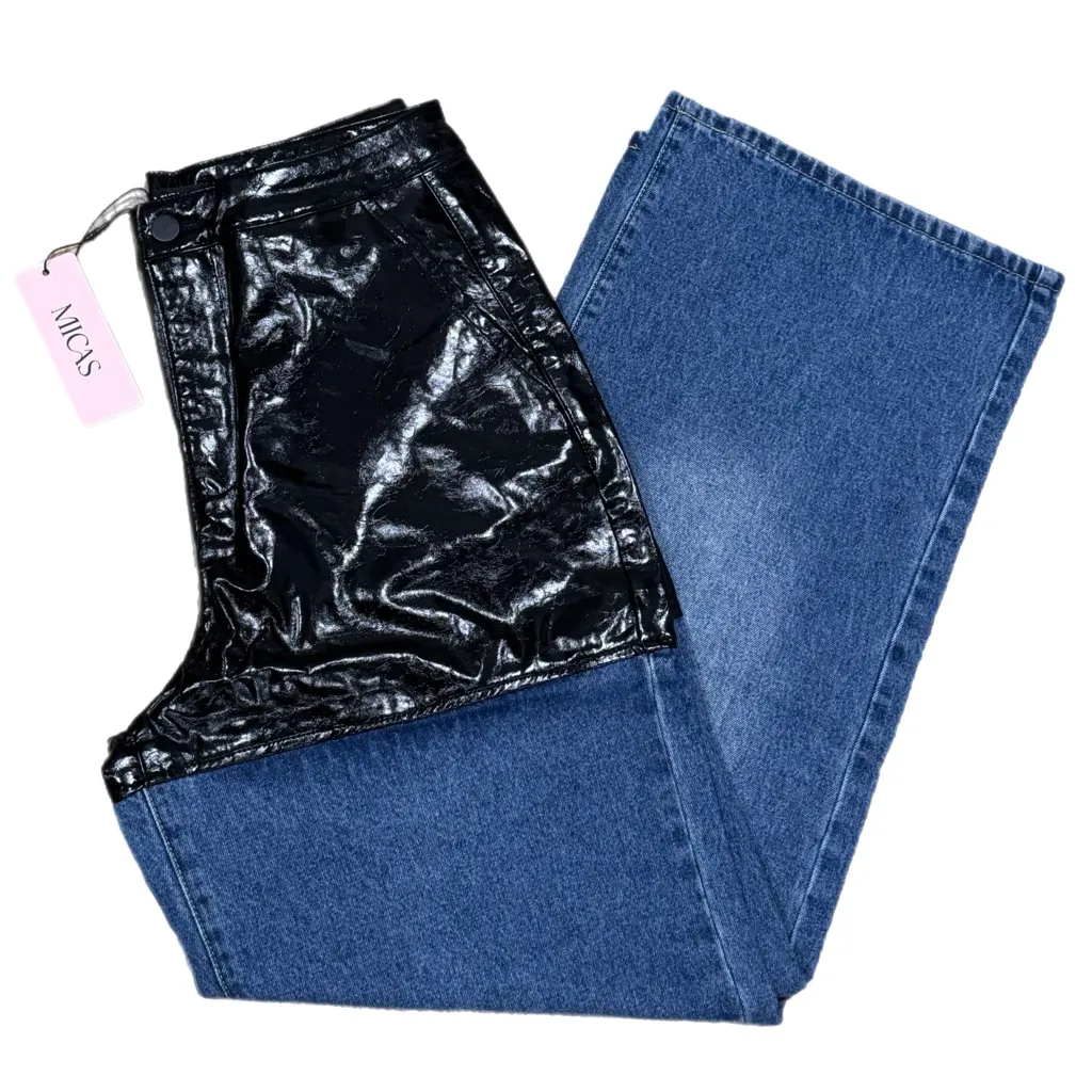MICAS Fashion Jeans Statement Vegan Leather Patchwork Wide Leg High Rise Sz M - Image 8