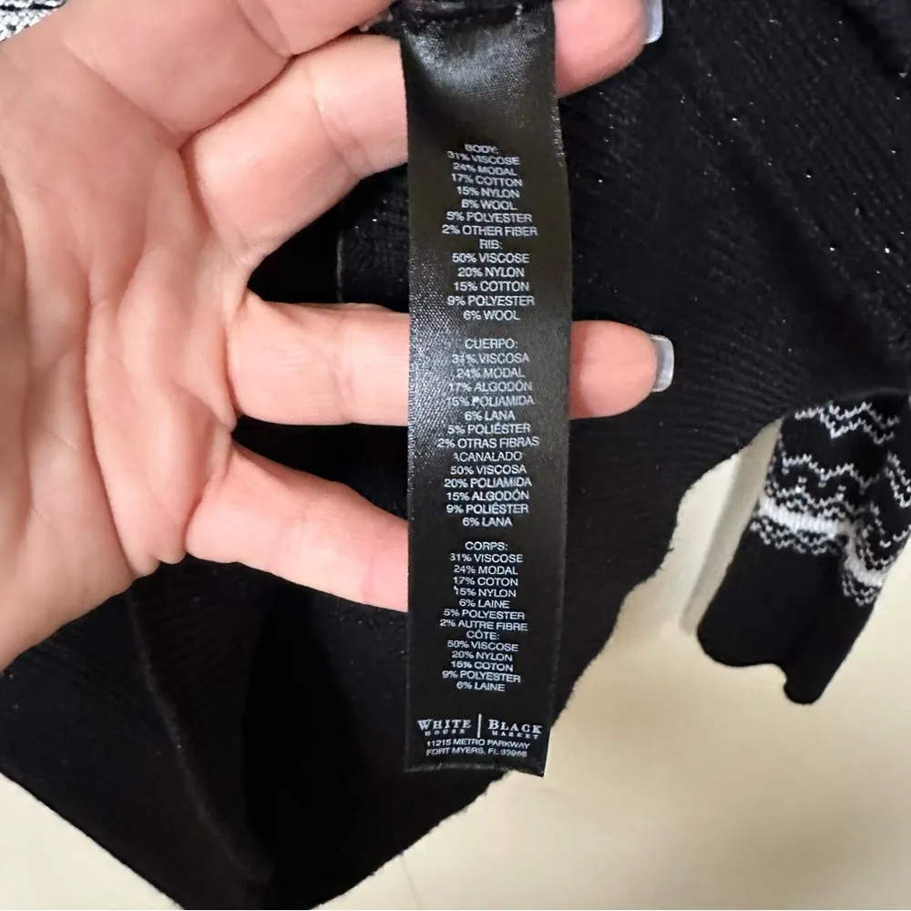 White House Black Market Long Sleeve Black/White/Silver Sweater Holiday Sm - Image 3