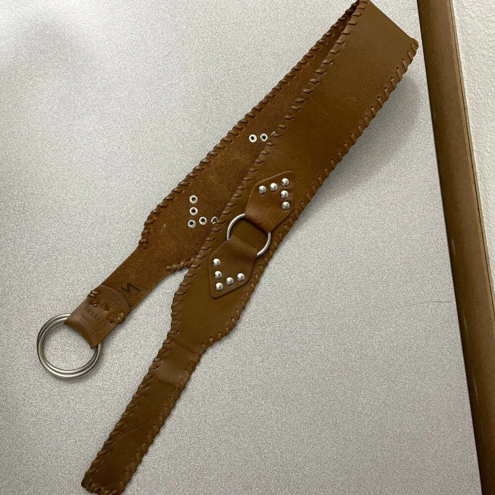 Vtg Calvin Klein Brown Leather Equestrian Belt Silver Metal O Rings Wide Stud XL - Image 5