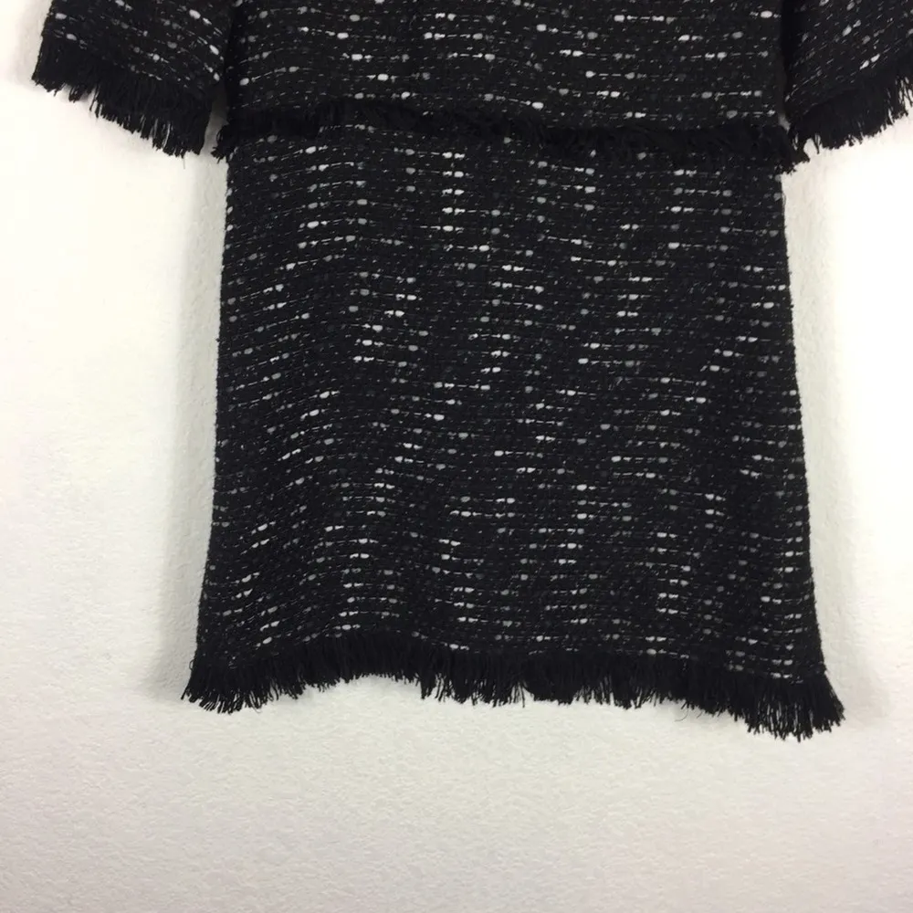 Zara Black Fringe Tweed Textured Knit Wide Sleeve Aline Mini Dress Medium - Image 10