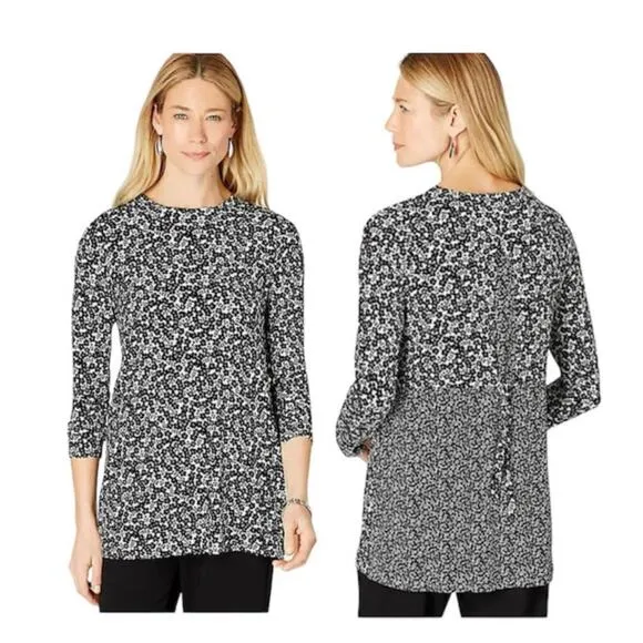 J Jill Wearever Floral Tie Back Long Sleeve Blouse Size Medium Black - Image 2
