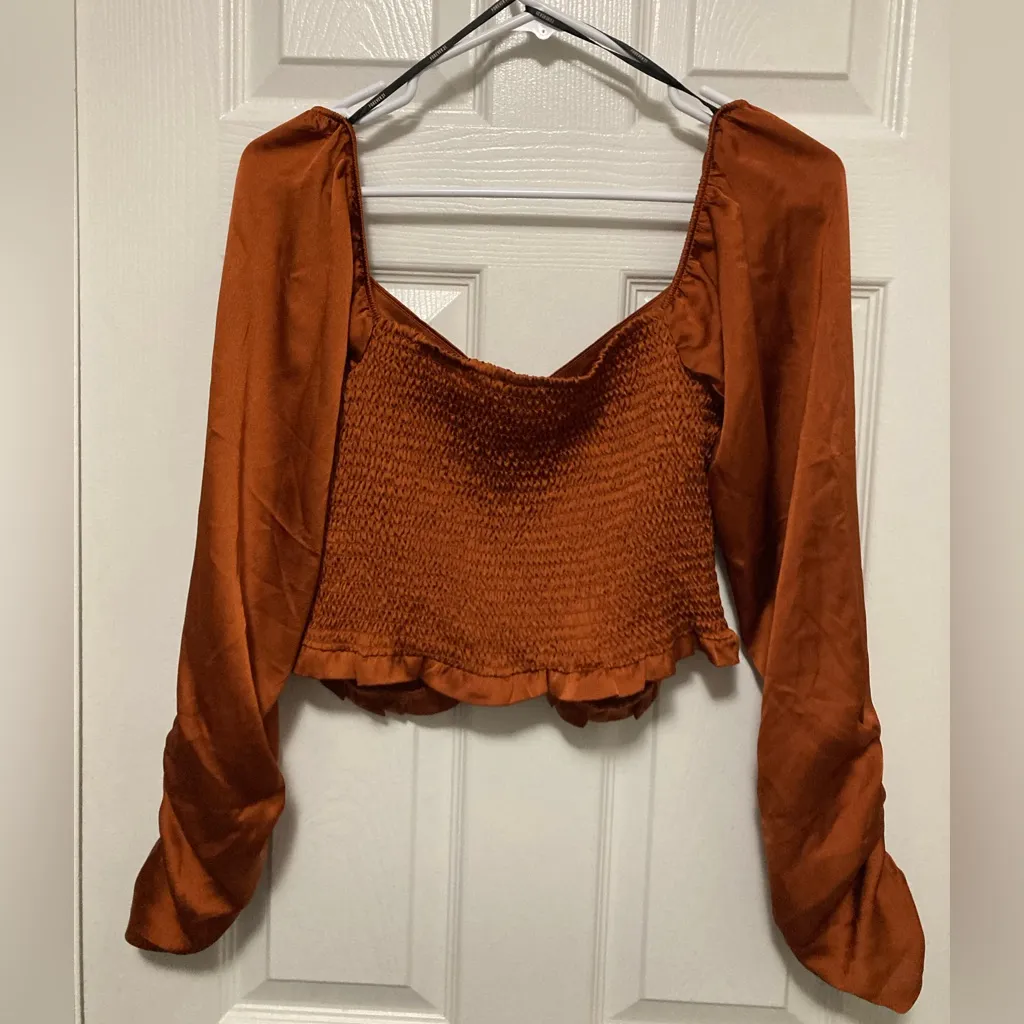 Forever 21 Rust Satin Crop Ruched Long Sleeve Blouse - Image 8