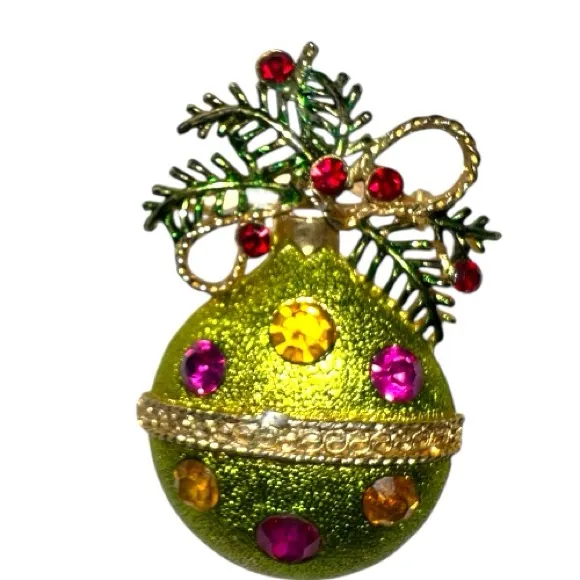 Vintage Dodds Festive Green and Gold ornament Brooch with rhinestone Accents - Image 2