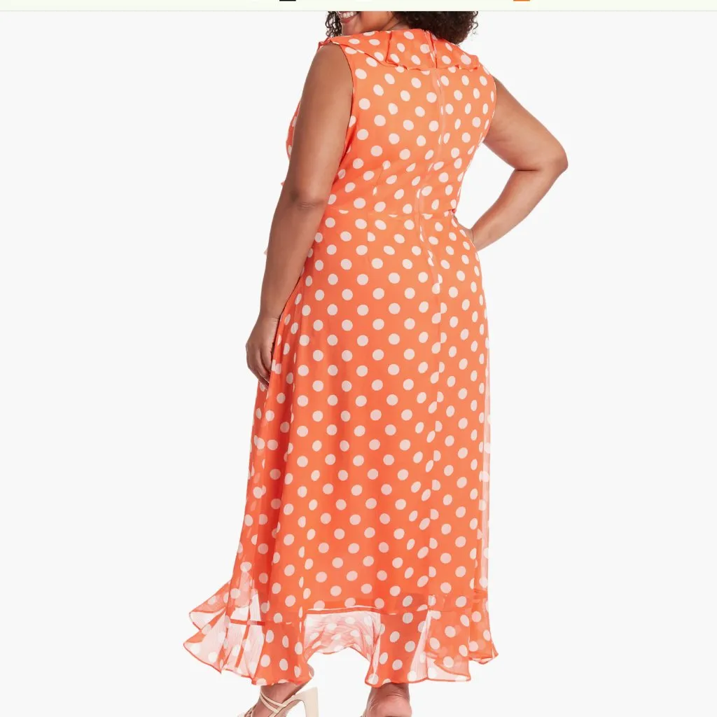 NWT London Times Chiffon Ruffle Maxi Dress (Plus) 22W, ORANGE/ WHT Polka Dot - Image 5